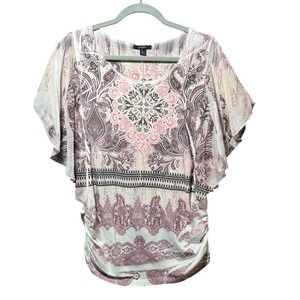 Espresso Paisley Flutter Sleeve Ruched Tunic Top Sheer Overlay Pink Beige‎ L